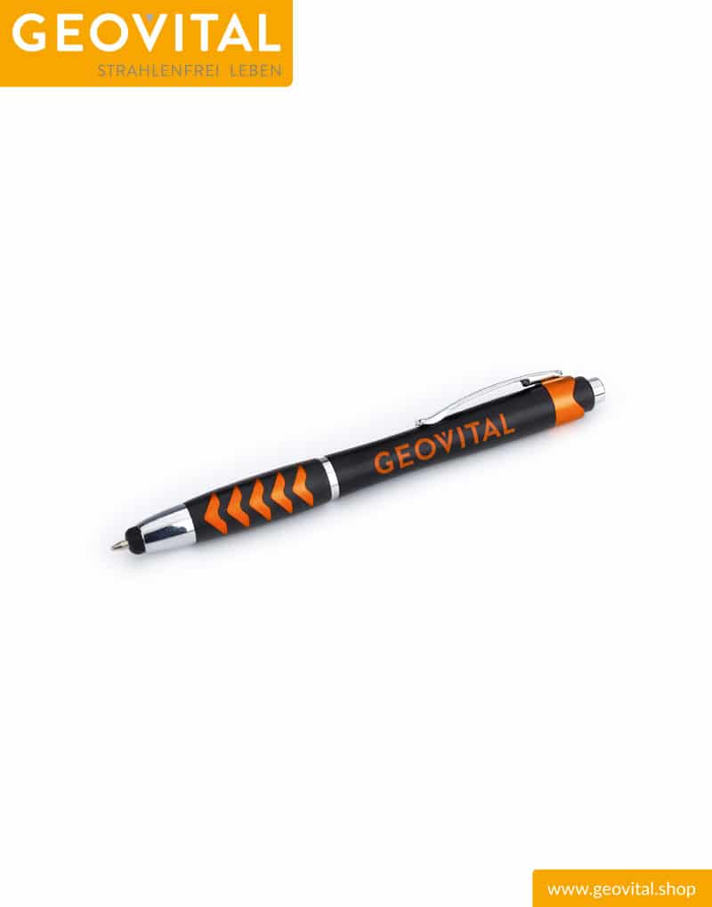 Schwarz und orangener Kugelschreiber mit Geovital Logo